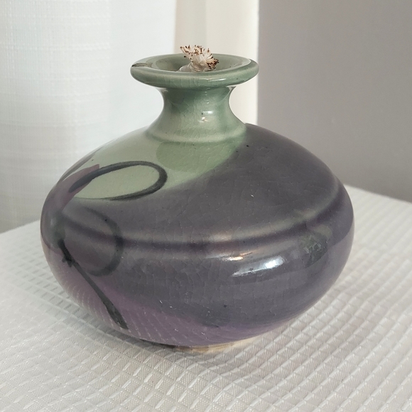 Follette Pottery Oil Lamp Green Purple Glazed Floral Stoneware Cotton Wick - Picture 3 of 9